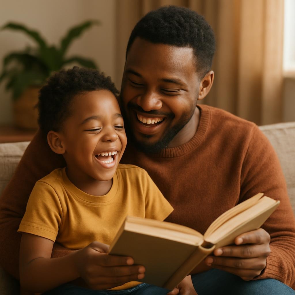 Father and son reading a book